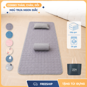 Bộ chăn gối thảm ngủ văn phòng gấp gọn, cotton trần bông êm ái, tặng túi đựng